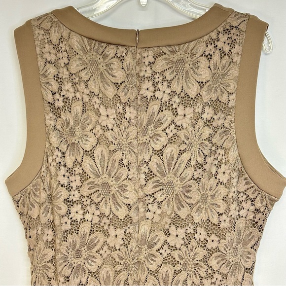 Calvin Klein Sleeveless Sheath Dress Size 14 Ruched Stretch Floral Lace Taupe - Picture 5 of 14